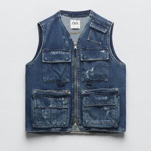 Zara Distressed Blue Denim Utility Cargo Vest Full Zip 100% Cotton Size M